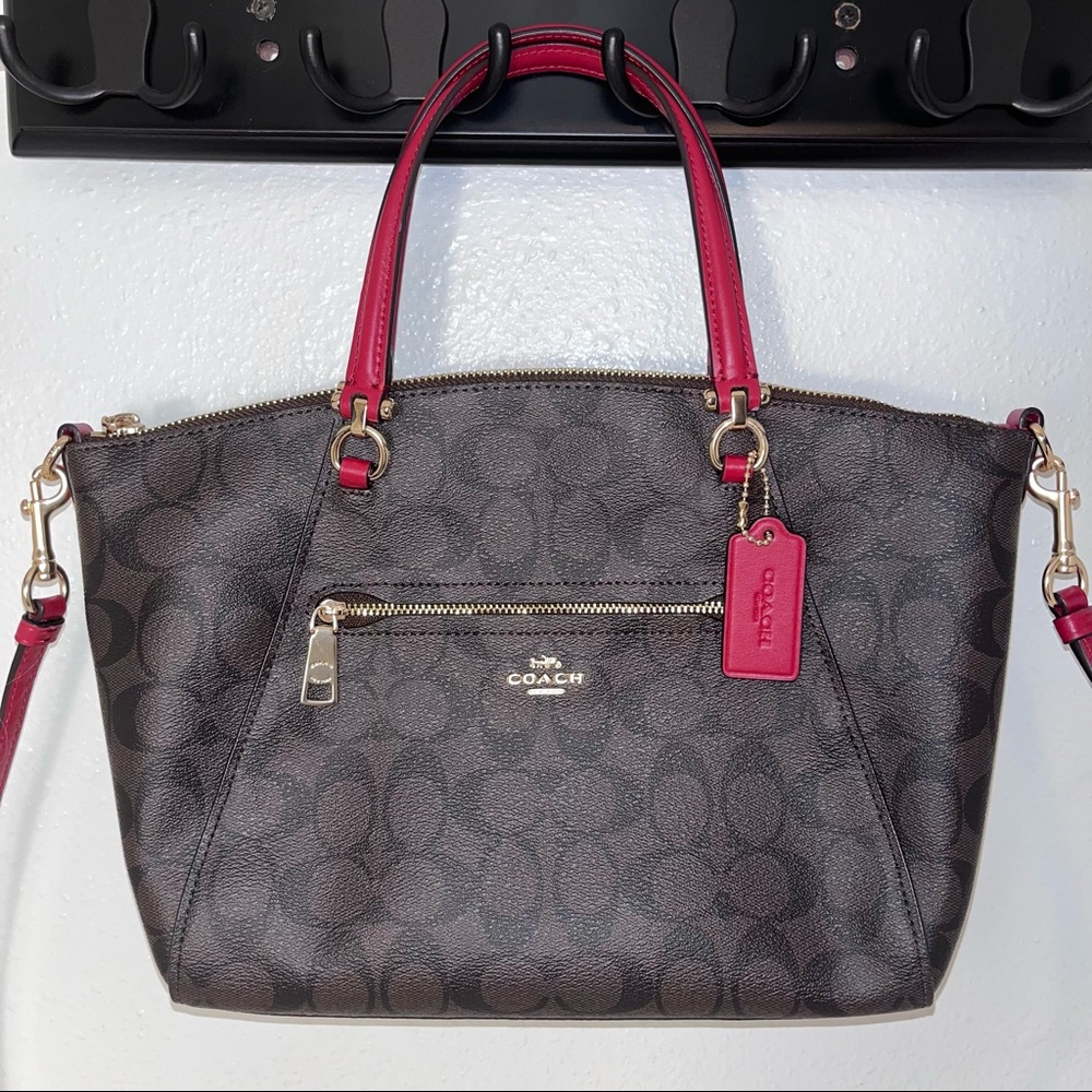 COACH Prairie Signature Leather Satchel Crossbody Purse Chocolate Brown Red